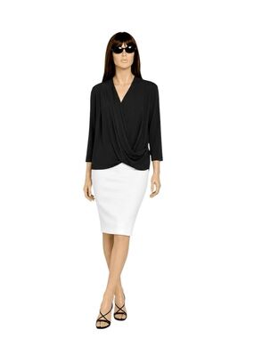 MM. LaFleur Deneuve Faux-Wrap Top Black Draped V-Neck Blouse Size XL